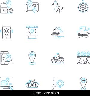 Wayfinding linear icons set. Navigation, Orientation, Directions, Pathfinding, Signage, Mapping, Route line vector and concept signs. GPS,Compass Stock Vector