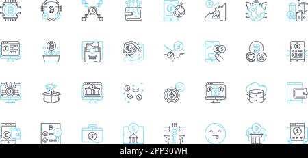 Financial services innovation company linear icons set. FinTech, Disruptive, Innovation, Transformation, Modernization, Digitalization, Revolution Stock Vector