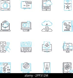 Tech devices linear icons set. Smartph, Tablet, Laptop, Computer, Smartwatch, Fitness-tracker, Earbuds line vector and concept signs. Keyboard,Mouse Stock Vector