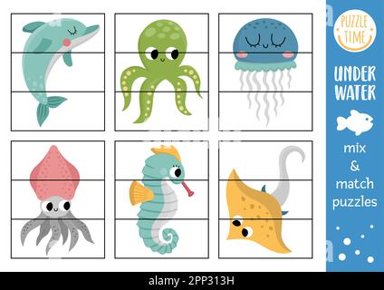 Vector under the sea mix and match puzzle with cute characters. Matching ocean life activity for preschool kids. Educational printable game with dolph Stock Vector