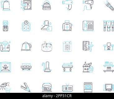Gadgets linear icons set. Technology, Devices, Innovation, Electronics, Smartphs, Wearables, Tablets line vector and concept signs. Drs,Headphs Stock Vector