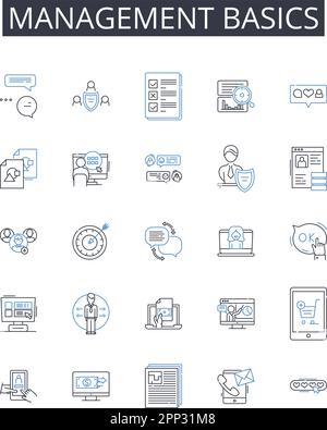 Management basics line icons collection. Financial literacy, Marketing strategies, Advertising techniques, Corporate policies, Budgeting skills, Time Stock Vector