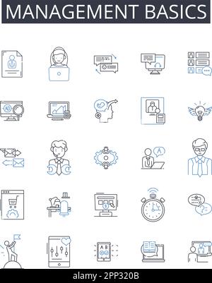 Management basics line icons collection. Financial literacy, Marketing strategies, Advertising techniques, Corporate policies, Budgeting skills, Time Stock Vector