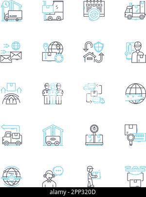 Inventory hub linear icons set. Storage, Assets, Stock, Supplies, Warehouse, Management, Logistics line vector and concept signs. Equipment,Tracking Stock Vector