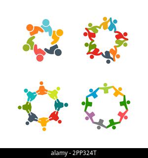 Teamwork. Social consept. Embracing people group concept. Support organization. Happy friends. Joyful people together. Logo Illustration. Stock Vector