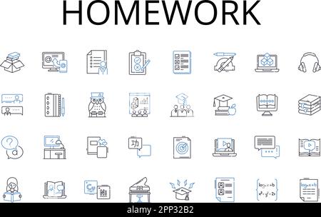 Homework line icons collection. Assignment-task, Project-activity, Test-exam, Essay-paper, Reading-study, Presentation-talk, Quiz-questionnaire vector Stock Vector