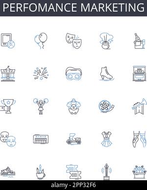 Perfomance marketing line icons collection. Digital advertising, Content marketing, Brand management, SEO optimization, Affiliate marketing, Email Stock Vector