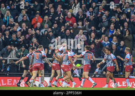 Leigh, Greater Manchester, UK. 21st Apr 2023. Leigh players celebrate their first try during the BetFred Super League match between Leigh Leopards and Leeds Rhinos at Leigh Sport Stadium, Leigh on Friday 21st April 2023. (Photo: Ian Charles | MI News) Stock Photo