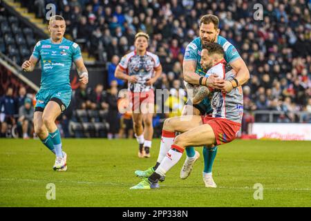 Leigh, Greater Manchester, UK. 21st Apr 2023. Leigh Leopards' Gareth O'Brien is tackled during the BetFred Super League match between Leigh Leopards and Leeds Rhinos at Leigh Sport Stadium, Leigh on Friday 21st April 2023. (Photo: Ian Charles | MI News) Stock Photo