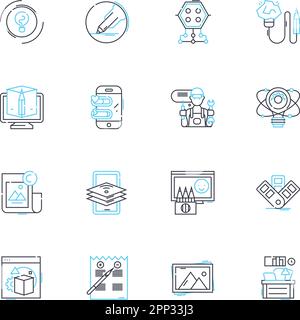 Graphic software linear icons set. Design, Illustration, Vector, Rendering, Photoshop, Editing, Animation line vector and concept signs. Typography Stock Vector