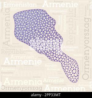 Armenia map design. Country names in different languages and map shape with geometric low poly triangles. Radiant vector illustration of Armenia. Stock Vector