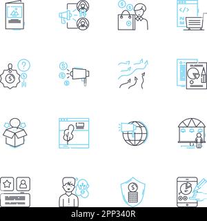 Publicity company linear icons set. Promote, Visibility, Exposure, Outreach, Advertise, Campaigns, Branding line vector and concept signs. Media,Press Stock Vector