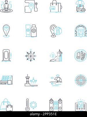 Road atlas linear icons set. Navigation, Directions, Highways, Maps, Interstates, Travel, Roads line vector and concept signs. Destinations,Route Stock Vector