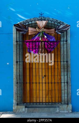Door decorated for easter, historical colonial centre , Oaxaca city, Mexico Stock Photo