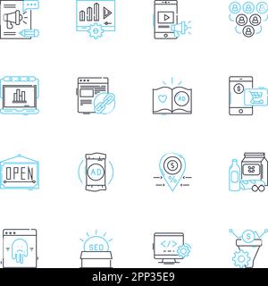 Promotional tactics linear icons set. advertising, branding, nerking, engagement, outreach, sampling, swag line vector and concept signs. activations Stock Vector