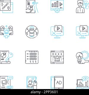 Sales administration linear icons set. forecasting, quotas, targets, pipeline, commissions, leads, territory line vector and concept signs. teams Stock Vector