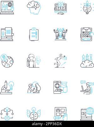 Electronic learning linear icons set. E-learning, Digital, Online, Virtual, Remote, Technology, Interactive line vector and concept signs. Multimedia Stock Vector