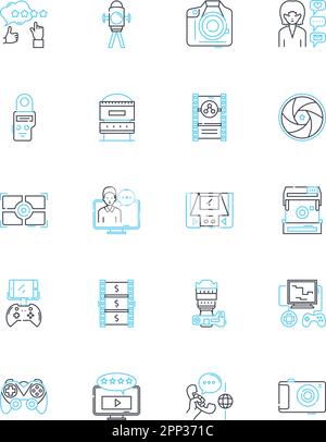 Live stream linear icons set. Broadcast, Stream, Virtual, Online, Internet, Performance, Music line vector and concept signs. Entertainment,Show Stock Vector