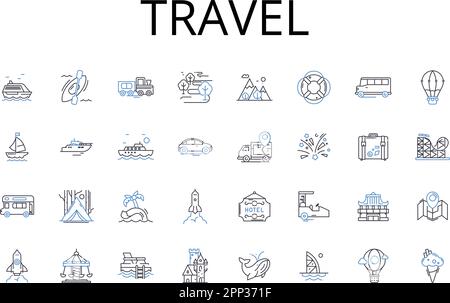 Travel line icons collection. Journey, Voyage, Trek, Expedition, Odyssey, Adventure, Excursion vector and linear illustration. Pilgrimage,Touring Stock Vector
