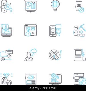 Product analysis linear icons set. Analysis, Product, Features, Benefits, Design, Quality, Performance line vector and concept signs. Functionality Stock Vector