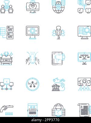Knowledge management linear icons set. Retrieval, Collaboration, Sharing, Organization, Transfer, Innovation, Assessment line vector and concept signs Stock Vector