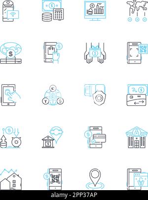 Virtual transactions linear icons set. Cryptocurrency, Digital, Secure, Blockchain, Virtual, Transparent, Decentralized line vector and concept signs Stock Vector