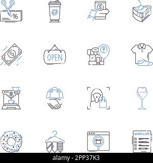 Grocery store line icons collection. Produce, Dairy, Bakery, Meat, Frozen, Canned, Organic vector and linear illustration. Condiments,Snacks,Beverages Stock Vector