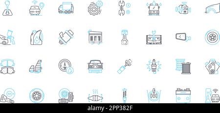 Vehicle repair linear icons set. Mechanic, Maintenance, Diagnosis, Inspection, Repair, Alignment, Suspension line vector and concept signs. Brakes Stock Vector