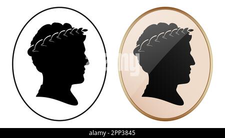 Silhouette portrait of Caesar ruler in black oval frame and cameo jewelry, vector illustration isolated on white background. Stock Vector