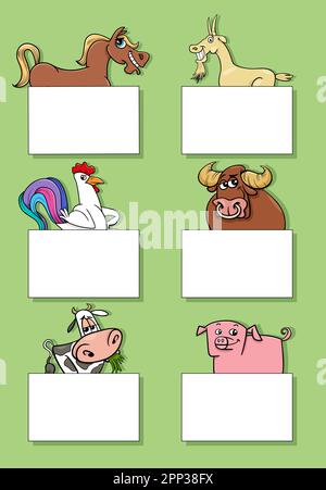 Cartoon illustration of farm animals with blank cards or banners design set Stock Vector