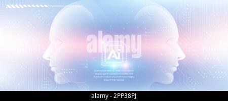 AI technology concept artificial abstract human side face and chip circuit board with futuristic style elegant pink blue gradient background Stock Vector