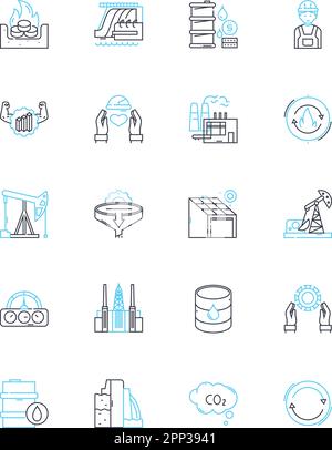 Advanced manufacturing linear icons set. Automation, Robotics, Precision, Efficiency, D printing, Nanotechnology, Artificial intelligence line vector Stock Vector