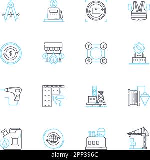 Production facility linear icons set. Assembly, Manufacturing, Automation, Quality, Machinery, Efficiency, Fabrication line vector and concept signs Stock Vector