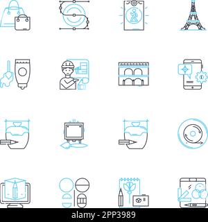 Engineering linear icons set. Design, Innovation, Technology, Sustainability, Mathematics, Mechanics, Automation line vector and concept signs Stock Vector