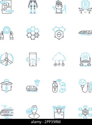 Modern Industry linear icons set. Automation, Efficiency, Innovation, Globalization, Sustainability, Digitization, Robotics line vector and concept Stock Vector