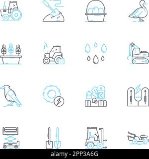 Livestock exposition linear icons set. Breeds, Competition, Exhibition, Cattle, Sheep, Goats, Swine line vector and concept signs. Horses,Poultry Stock Vector