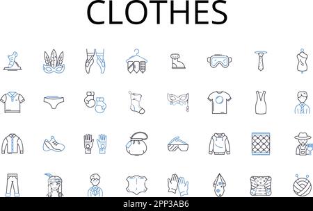 Clothes line icons collection. Attire, Garments, Apparel, Raiment, Outfit, Costume, Dressing vector and linear illustration. Wearables,Outfitting Stock Vector