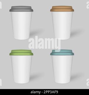White coffee cup with colored lid, mock-up set. Travel mugs for hot and cold drinks, mockup. Vector template Stock Vector