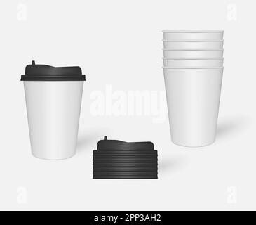 Disposable white paper coffee cups with black plastic lids, mock-up. Blank to go beverage mug stack, mockup. Vector template Stock Vector