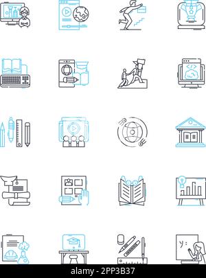 Distance learning linear icons set. Online, Virtual, Remote, E-learning, Digital, Web-based, Internet-based line vector and concept signs. Cyber Stock Vector