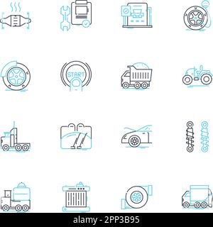 Truck care linear icons set. Maintenance, Oil, Filters, Tires, Brakes, Alignment, Suspension line vector and concept signs. Engine,Transmission,Heavy Stock Vector