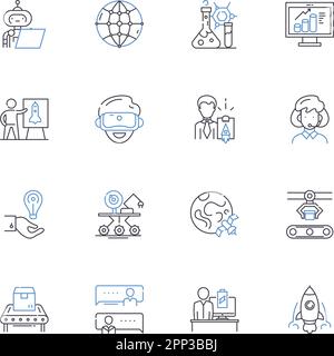 Contemporary Technologies line icons collection. Cybersecurity, Robotics, Nanotechnology, Augmented Reality, Virtual Reality, Artificial Intelligence Stock Vector