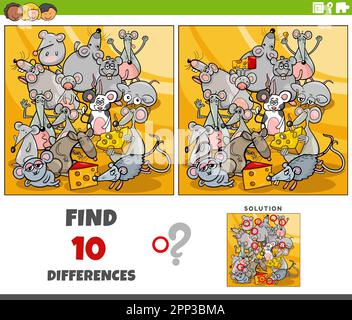 Cartoon illustration of finding the differences between pictures educational game with funny mice characters Stock Vector