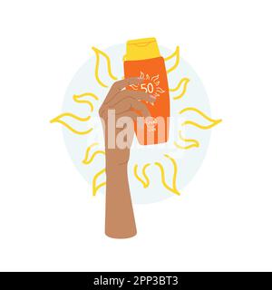 Composition of female hand holds sunscreen cream with sun and abstract shape. SPF protection and sun safety concept. Anti UV protection and solar skin Stock Vector