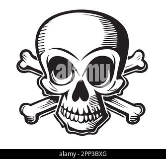 Cheerful skull with bones logo hand drawn sketch Halloween illustration Stock Vector