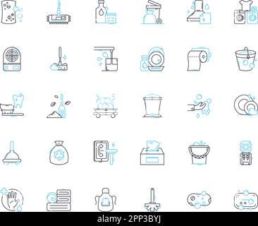 Sweeping linear icons set. Broom, Clean, Dust, Sweep, Tidy, Vacuum, Brush line vector and concept signs. Collect,Debris,Duster outline illustrations Stock Vector