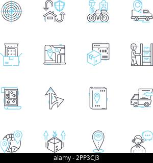 Ocean shore linear icons set. Waves, Sand, Seagulls, Tide, Shells, Beach, Surf line vector and concept signs. Rocks,Cliffs,Spray outline illustrations Stock Vector