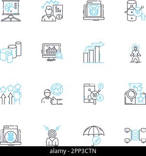 Seek out linear icons set. Pursue, Explore, Discover, Investigate, Uncover, Search, Find line vector and concept signs. Hunt,Locate,Reconnoiter Stock Vector