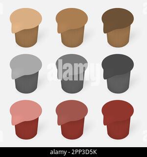 Liquid coffee creamer single colored package, vector template. Blank portioned plastic container with lidding film top, mockup set Stock Vector