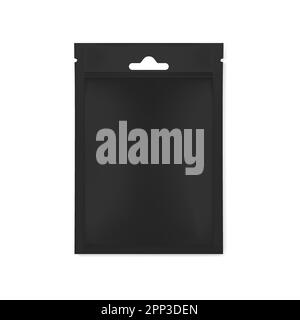 Blank black sachet packet with euro slot and tear notches isolated on white background, realistic vector mockup Stock Vector